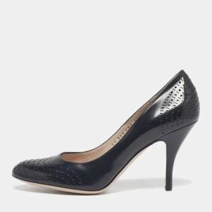 Pre Owned Salvatore Ferragamo Black Perforated Leather Round Toe Pumps Size 38.5