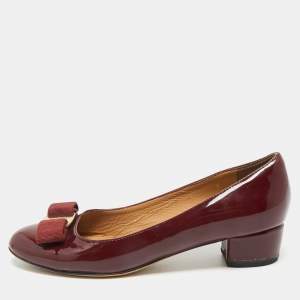 Pre Owned Salvatore Ferragamo Burgundy Patent Leather Vara Bow Block Heel Pumps Size 36