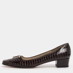 Pre Owned Salvatore Ferragamo Brown Python Embossed Leather Gancini Pumps Size 40