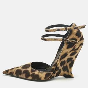 Pre Owned Salvatore Ferragamo Beige/Brown Leopard Print Calf Hair Wedge Pumps Size 39.5