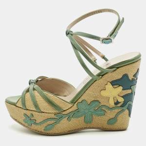 Pre Owned Salvatore Ferragamo Green Patent Leather and Raffia Wedge Sandals Size 36.5