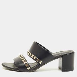 Pre Owned Salvatore Ferragamo Black Leather Trabia Chain Block Heel Slide Sandals Size 37