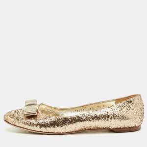 Pre Owned Salvatore Ferragamo Gold Glitter Varina Bow Ballet Flats Size 40