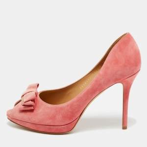 Pre Owned Salvatore Ferragamo Pink Suede Bow Peep Toe Pumps Size 39.5