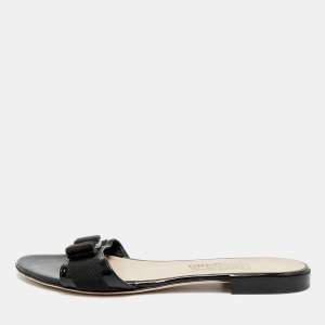 Pre Owned Salvatore Ferragamo Black Patent Leather Vara Bow Open Toe Flats Size 39.5