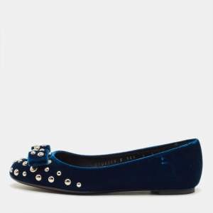 Pre Owned Salvatore Ferragamo Vara Bow Studded Size 35.5 Blue Velvet Ballet Flats