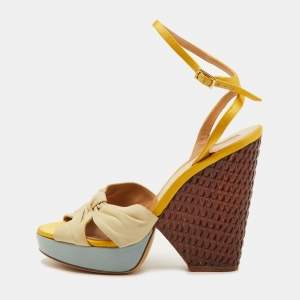 مملوكة مسبقًا Salvatore Ferragamo Luna Size 36.5 Multicolor Leather and Satin Platform Wedge Sandals