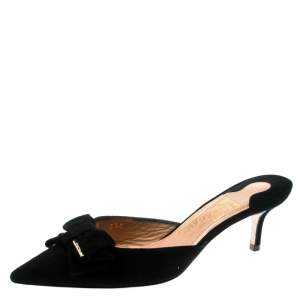 Salvatore Ferragamo Black Suede Bow Detail Pointed Toe Mules Size 36