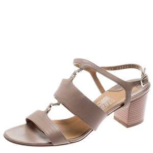 Salvatore Ferragamo Beige Leather Block Heel Open Toe Sandals Size 36.5