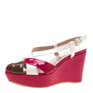 Salvatore Ferragamo Tricolor Patent Leather Cross Ankle Starp Wedge Sandals Size 39.5