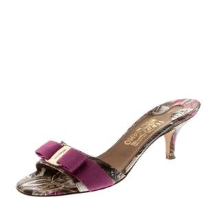Salvatore Ferragamo Multicolor Printed Leather Glory Bow Slides Size 37.5