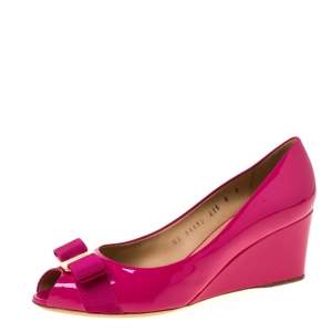 Pre Owned Salvatore Ferragamo Magenta Patent Leather Sissi Peep Toe Wedge Pumps Size 42