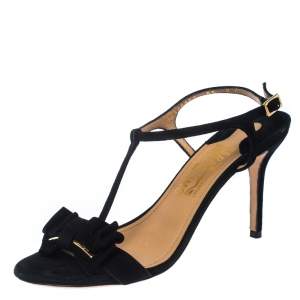 Salvatore Ferragamo Black Suede Pavi T Strap Bow Slingback Sandals Size 37.5