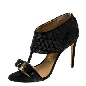 Salvatore Ferragamo Black Sequins and Satin Vara Bow Ankle Strap Sandals Size 38.5