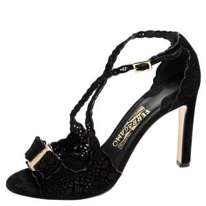 Salvatore Ferragamo Black Laser Cut Scalloped Trim Suede Vara Bow Open Toe Sandals Size 38