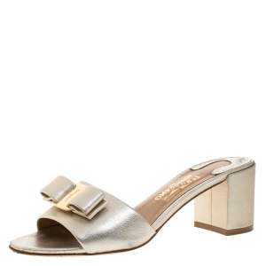 Salvatore Ferragamo Gold Metallic Textured Leather Vara Bow Block Heel Sandals Size 36