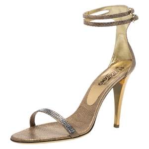 Salvatore Ferragamo Gold Snakeskin Tirosana Ankle Strap Sandals Size 40.5