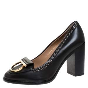 مملوكة مسبقًا Salvatore Ferragamo Black Leather Fele Gancio Detail Block Heel Loafer Pumps Size 40.5