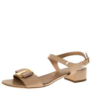 Salvatore Ferragamo Beige Patent Leather Ankle Strap Sandals Size 39.5