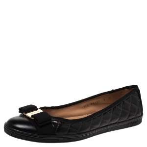 Pre Owned Salvatore Ferragamo Black Quilted Patent And Leather Rufina Sneaker Ballet Flats Size 39.5