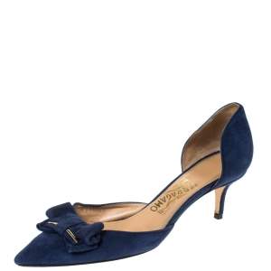 Salvatore Ferragamo Blue Suede Rietta Bow D'orsay Pointed Toe Sandals Size 39.5