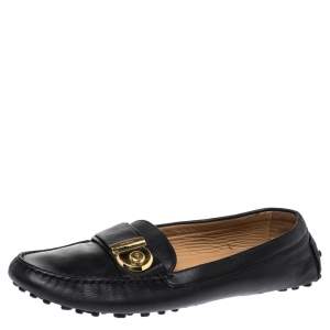 Salvatore Ferragamo Black Leather Gancio Lock Slip On Loafers Size 40.5 