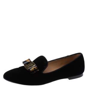 Salvatore Ferragamo Black Velvet Bow Detail Smoking Slippers Size 37.5
