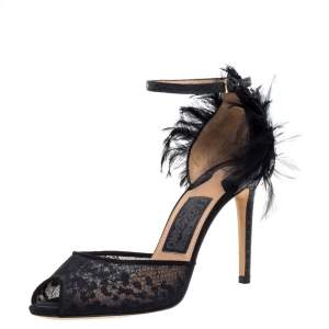 مملوكة مسبقًا Salvatore Ferragamo Black Python/Lace and Feather Narleen Ankle Strap Sandals Size 36