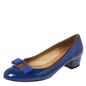 Pre Owned Salvatore Ferragamo Blue Patent Leather Vara Bow Pumps Size 38
