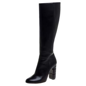 Pre Owned Salvatore Ferragamo Black Leather Leon Knee Length Boots Size 38.5