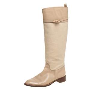 Salvatore Ferragamo Beige Canvas And Leather  Calipso Knee High Boots Size 39.5