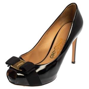 Pre Owned Salvatore Ferragamo Black Patent Leather Vara Bow Peep Toe Platform Pumps Size 36.5