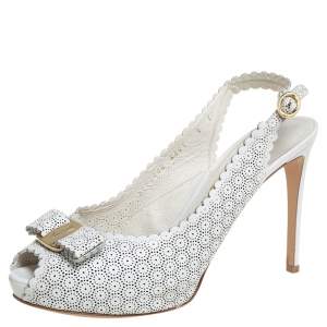 Salvatore Ferragamo White Perforated Leather Slingback  Sandals Size 39.5