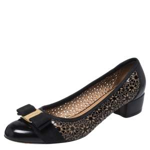 Salvatore Ferragamo Black Floral Perforated Patent Leather Vara Bow Pumps Size 38