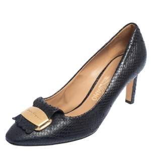 Salvatore Ferragamo Black Python Embossed Leather Embellished Fringe Detail Pumps Size 40.5