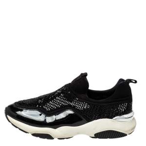Pre Owned Salvatore Ferragamo Black Fabric And Patent Leather Embellished Slip-on Sneakers Size 38.5