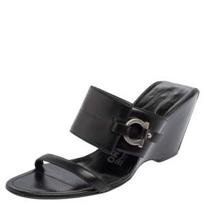 Pre Owned Salvatore Ferragamo Black Leather Wedge Slide Sandals Size 39