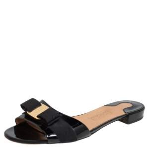 Salvatore Ferragamo Black Patent Leather Vara Bow Open Toe Flats Size 36.5