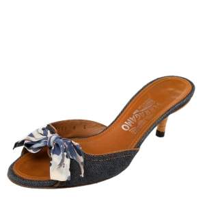 Salvatore Ferragamo Blue/Brown Denim And Leather Knot Slide Sandals Size 38.5