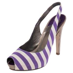 Salvatore Ferragamo White/Purple Striped Satin Fioretto Peep Toe Slingback Sandals Size 36.5