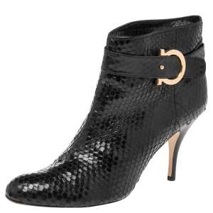 Pre Owned Salvatore Ferragamo Black Python Embossed Leather Ankle Boots Size 41.5