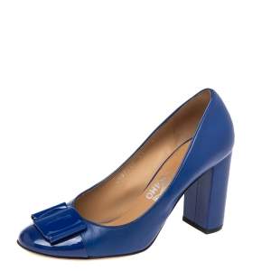 Salvatore Ferragamo Blue Leather And Patent Leather Cap Toe Block Heel Pumps Size 39.5