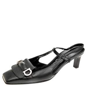 Salvatore Ferragamo Black Saffiano Leather Buckle Detail Slingback Sandals Size 36.5