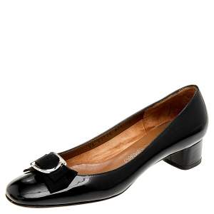 Pre Owned Salvatore Ferragamo Black Patent Leather Gancio Bow Pumps Size 38