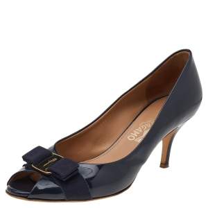 Pre Owned Salvatore Ferragamo Navy Blue Patent Leather Vara Bow Peep Toe Pumps Size 40