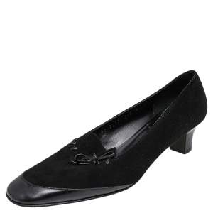 Salvatore Ferragamo Black Leather And Suede Bow Pumps Size 38.5