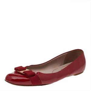 Salvatore Ferragamo Red Patent Leather Vara Bow Ballet Flats Size 40