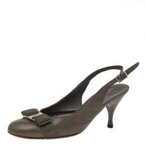 Salvatore Ferragamo Grey Leather Vara Bow Slingback Pumps Size 37