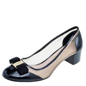 Salvatore Ferragamo Black Patent Leather And Mesh Vara Bow Block Heel Pumps Size 40.5