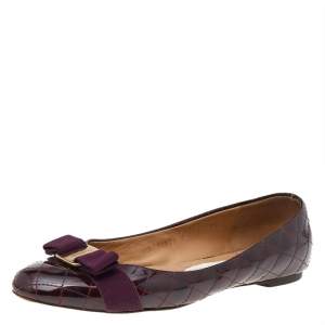 Salvatore Ferragamo Purple Quilted Patent Leather Vara Bow Ballet Flats Size 39
